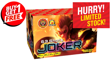 Fireworks box labeled 'Joker' with promotional text on a white background