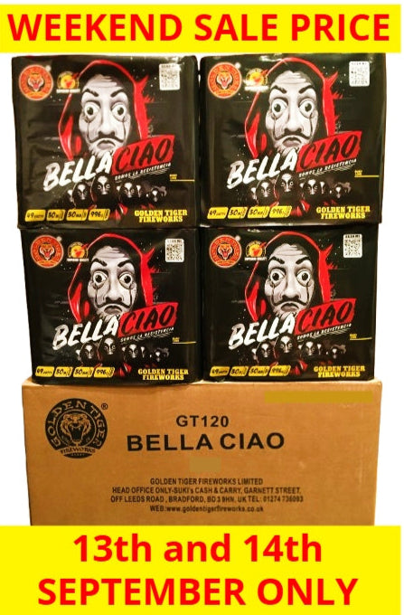 *SALE WEEKEND PRICE 13th/14th SEPTEMBER* WHOLESALE - FULL CASE OF BELLA CIAO 49shot 30mm 1.3G CAKE BULK BUY (4 x £25.00 each including VAT) - IN STORE ONLY