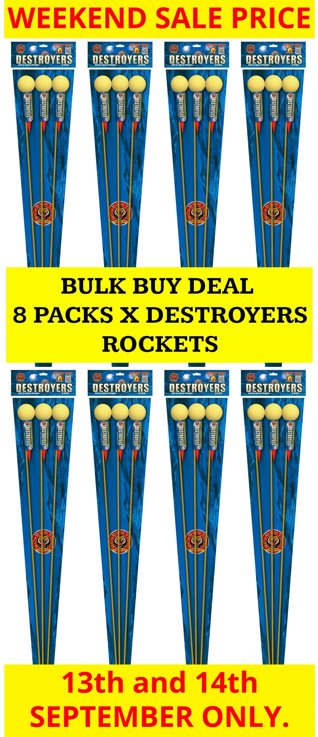 *SALE WEEKEND PRICE 13th/14th SEPTEMBER* WHOLESALE - FULL CASE OF DESTROYERS 1.3G ROCKETS BULK BUY (8 PACKS x £17.00 each including VAT) - IN STORE ONLY