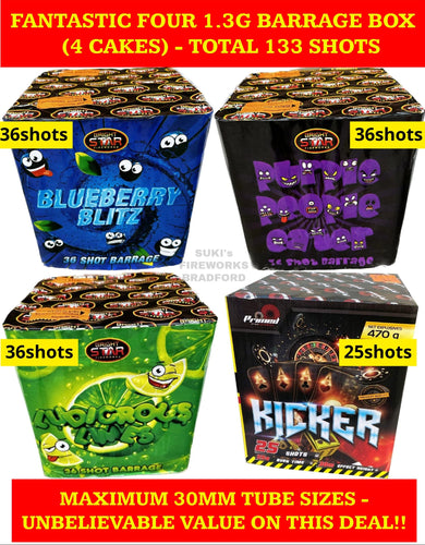 FANTASTIC FOUR 4pcs BARRAGE BOX (TOTAL 133 SHOTS) 1.3G LOUD CAKES (PRICE FOR 1 BOX ONLY) - IN STORE ONLY