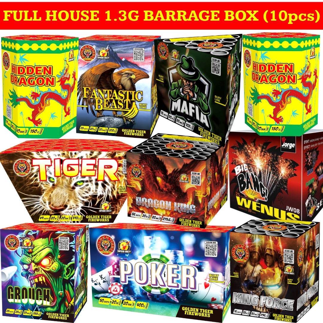 FULL HOUSE by GOLDEN TIGER FIREWORKS 1.3G LOUD Barrage Pack (10 pieces ...