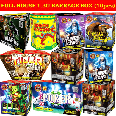 FULL HOUSE 10pcs BARRAGE BOX (TOTAL 255 SHOTS) 1.3G LOUD CAKES (1 BOX ONLY) - IN STORE ONLY