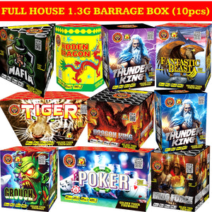 FULL HOUSE 10pcs BARRAGE BOX (TOTAL 275 SHOTS) 1.3G LOUD CAKES (1 BOX ONLY) - IN STORE ONLY