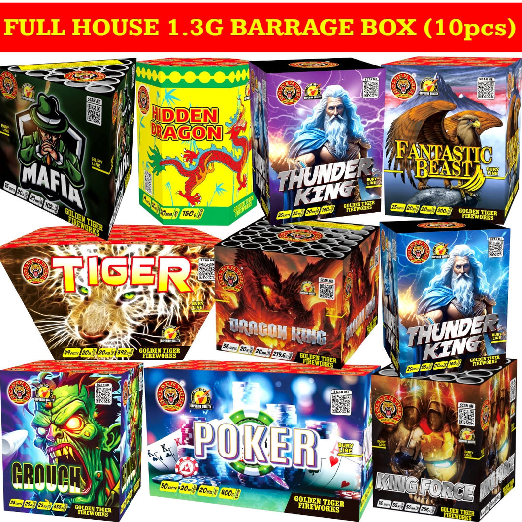 FULL HOUSE 10pcs BARRAGE BOX (TOTAL 275 SHOTS) 1.3G LOUD CAKES (1 BOX ONLY) - IN STORE ONLY