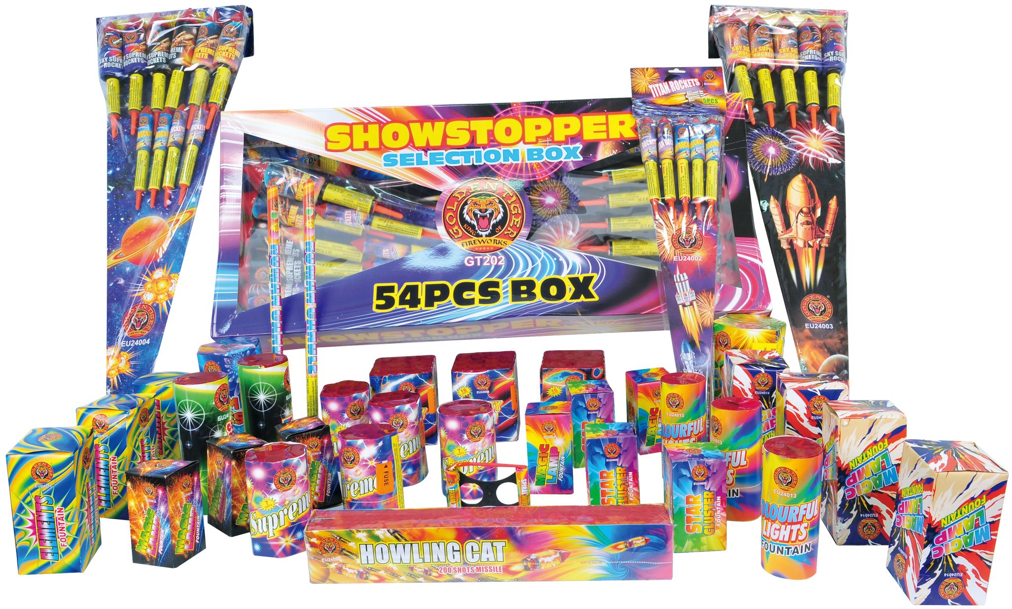 The Ripper Firework Box SHOWSTOPPER Box - 54 piece FAMILY BOX | GOLDEN TIGER FIREWORKS ...