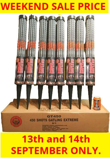 *SALE WEEKEND PRICE 13th/14th SEPTEMBER* WHOLESALE - FULL CASE OF GATLING EXTREME 450 SHOT ROMAN CANDLES BULK BUY (8 x £15.00 each including VAT) - IN STORE ONLY