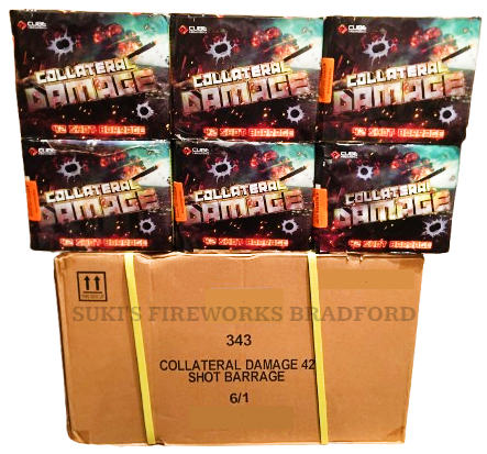 WHOLESALE - FULL CASE OF COLLATERAL DAMAGE 42shot 1.3G CAKE BULK BUY (6 x £25.00 each including VAT) - IN STORE ONLY