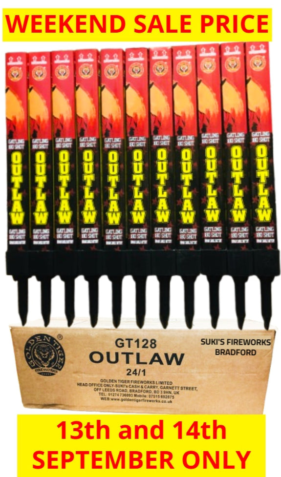 *SALE WEEKEND PRICE 13th/14th SEPTEMBER* WHOLESALE - FULL CASE OF OUTLAW 180shot GATLING ROMAN CANDLES BULK BUY (24 x £2.50 each including VAT) - IN STORE ONLY