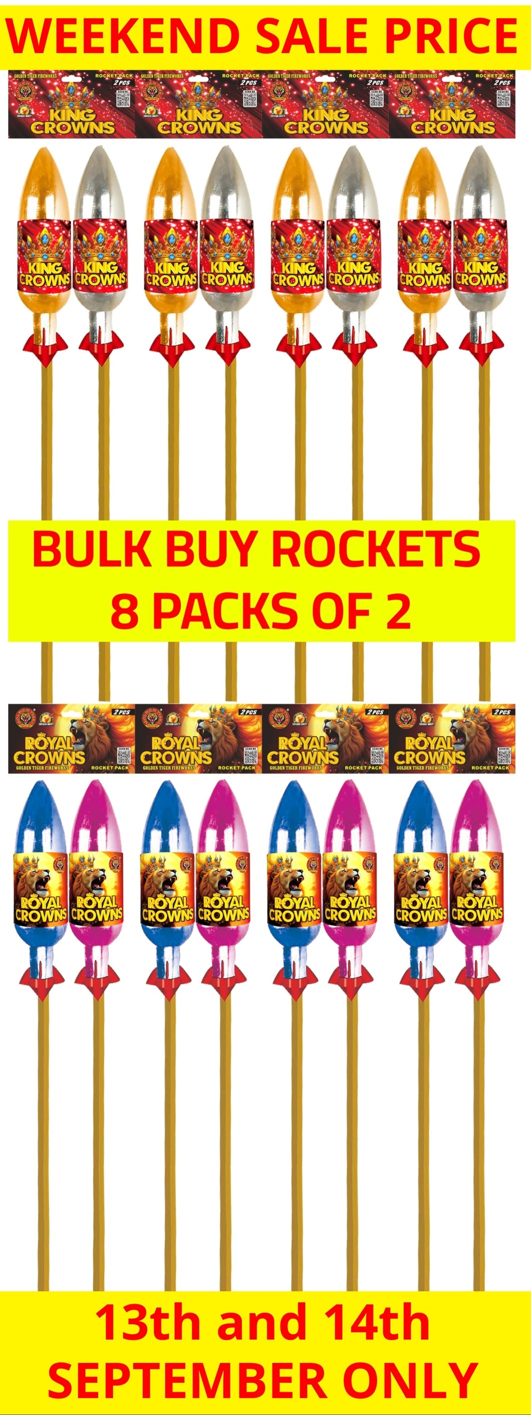 *SALE WEEKEND PRICE 13th/14th SEPTEMBER* WHOLESALE - FULL MIXED CASE OF ROYAL CROWNS AND KING CROWNS 1.3G ROCKETS BULK BUY (8 PACKS x £14.00 each including VAT) - IN STORE ONLY