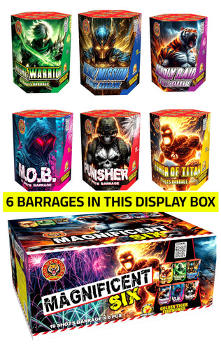 MAGNIFICENT SIX BARRAGE BOX 1.3G LOUD CAKES (6 x 19shot cakes in 1 box) - IN STORE ONLY