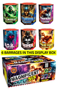 MAGNIFICENT SIX BARRAGE BOX 1.3G LOUD CAKES (6 x 19shot cakes in 1 box) - IN STORE ONLY