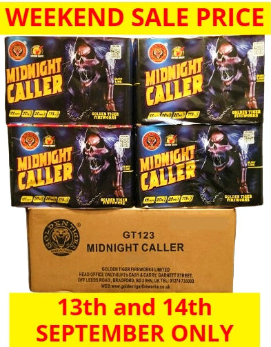 *SALE WEEKEND PRICE 13th/14th SEPTEMBER* WHOLESALE - FULL CASE OF MIDNIGHT CALLER 100shot 1.3G CAKE BULK BUY (4 x £25.00 each including VAT) - IN STORE ONLY