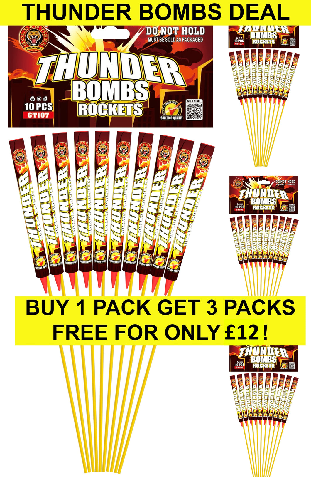 THUNDER BOMBS ROCKETS SMALL (Pack of 10) WITH LAUNCHER TUBE - BUY 1 PACK GET 3 PACKS FREE