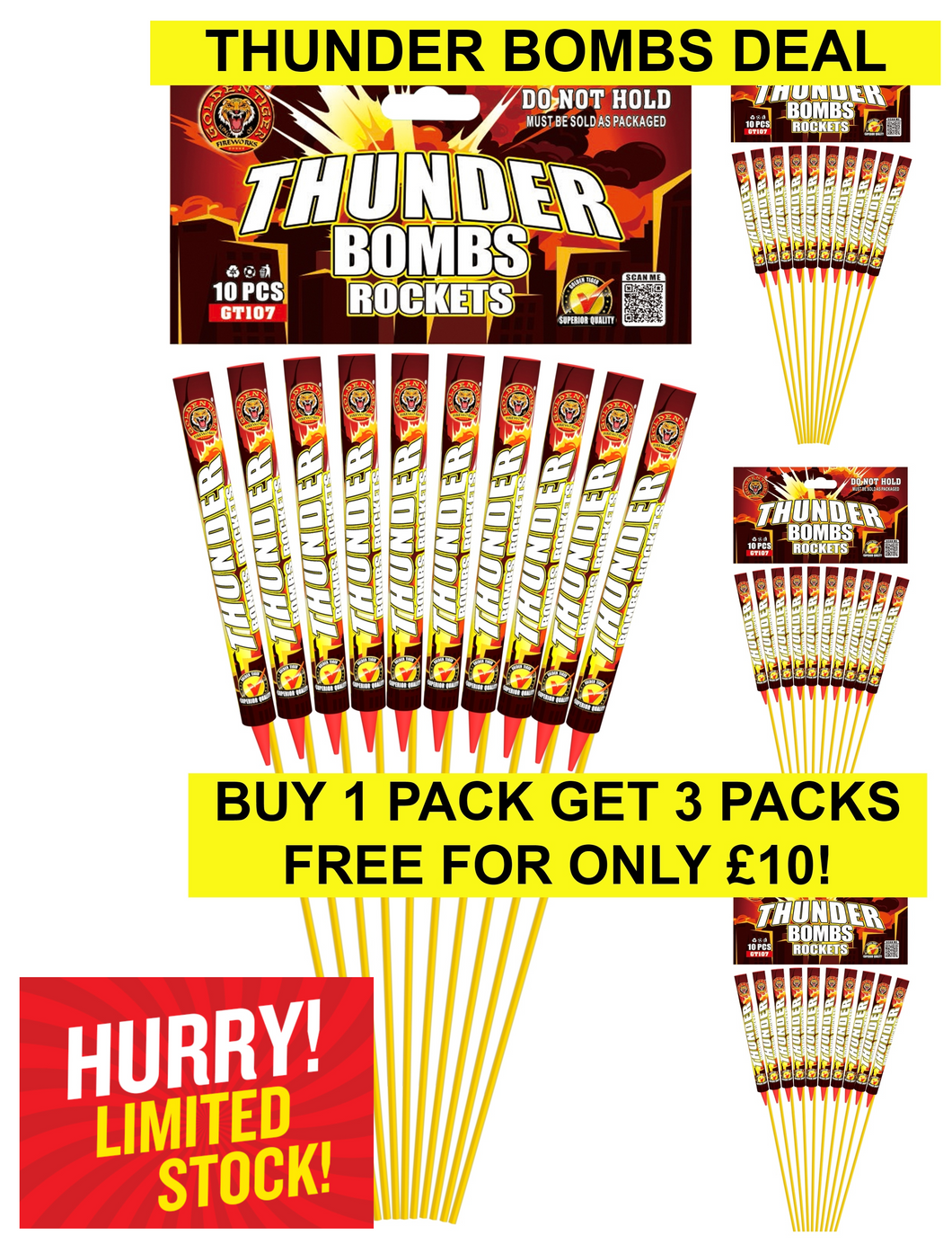 THUNDER BOMBS ROCKETS SMALL (Pack of 10) WITH LAUNCHER TUBE - BUY 1 PACK GET 3 PACKS FREE