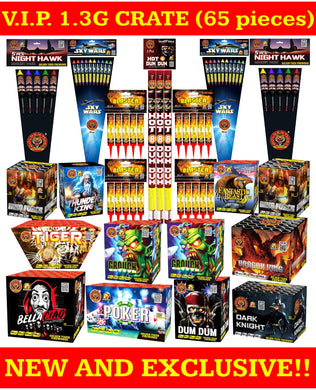 Assorted fireworks packages with various designs and brands, featuring a red border with text.