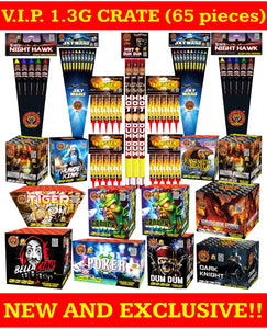 Assorted fireworks packages with various designs and brands, featuring a red border with text.