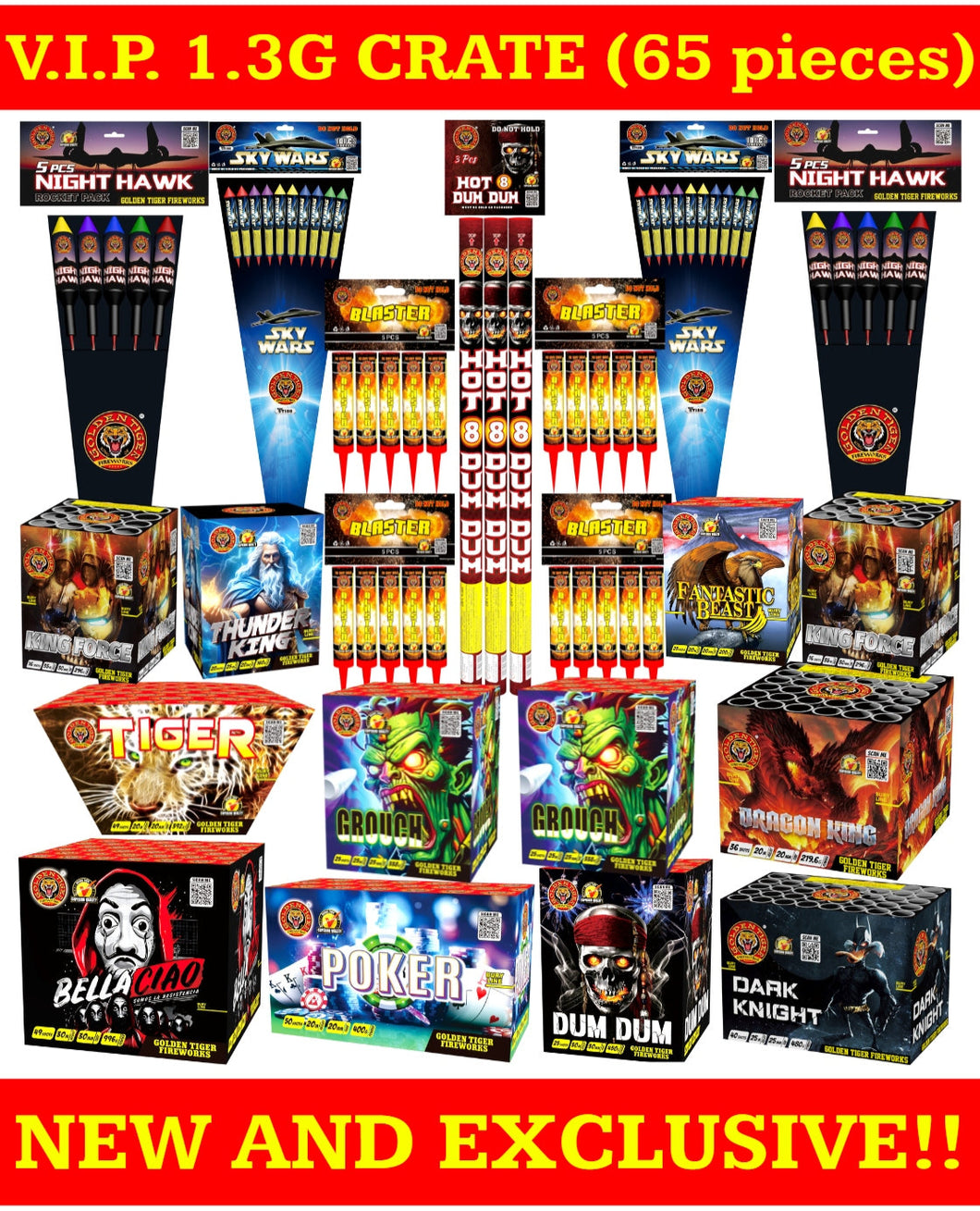 Assorted fireworks packages with various designs and brands, featuring a red border with text.