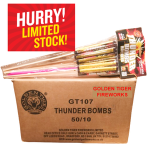 Box of Golden Fireworks Thunder Bombs with a 'Hurry! Limited Stock!' label on a white background.