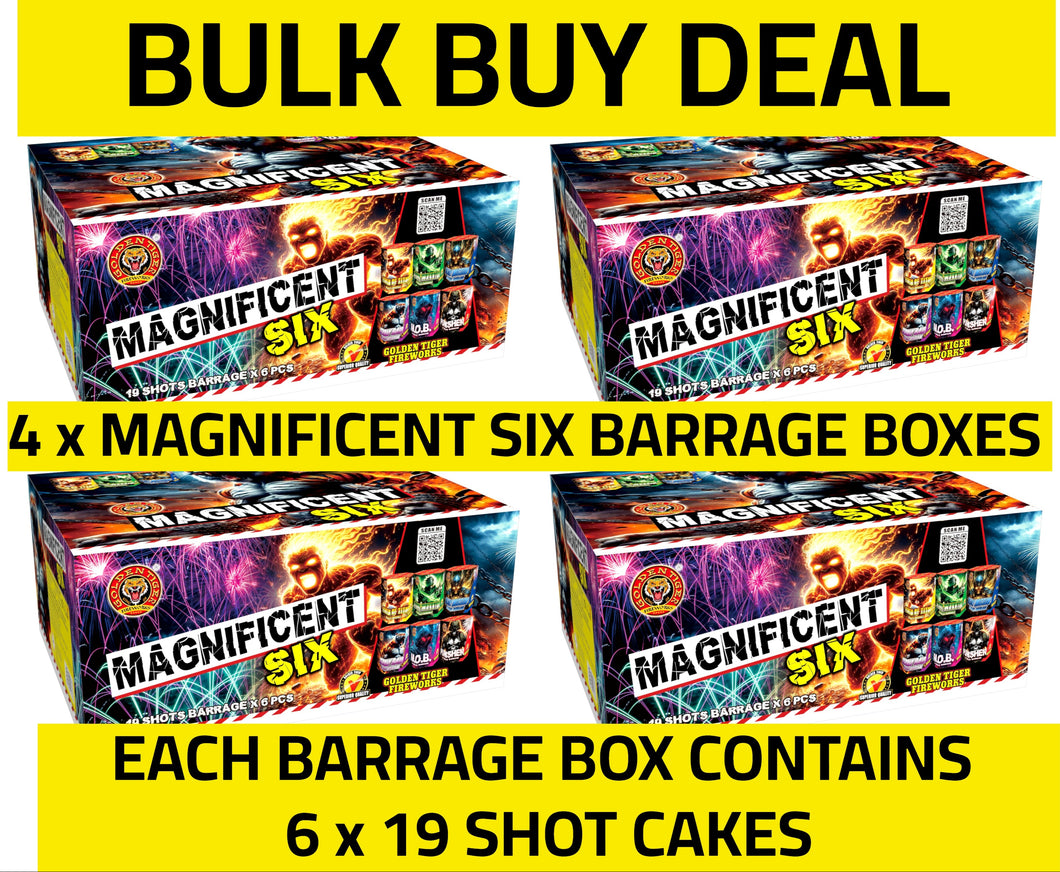 WHOLESALE - FULL CASE OF MAGNIFICENT SIX 1.3G BARRAGE BOXES BULK BUY (4 boxes x £35.00 each including VAT) - IN STORE ONLY