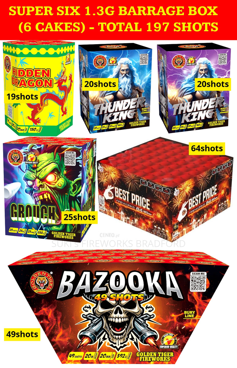 SUPER SIX by GOLDEN TIGER FIREWORKS 1.3G LOUD Barrage Pack (6 pieces ...