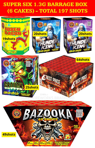 SUPER SIX 6pcs BARRAGE BOX (TOTAL 197 SHOTS) 1.3G LOUD CAKES (PRICE FOR 1 BOX ONLY) - IN STORE ONLY