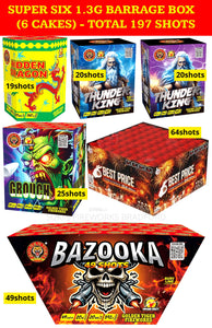 SUPER SIX 6pcs BARRAGE BOX (TOTAL 197 SHOTS) 1.3G LOUD CAKES (PRICE FOR 1 BOX ONLY) - IN STORE ONLY