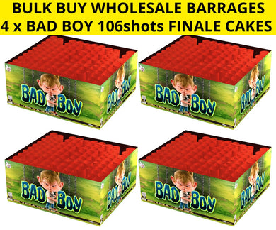 WHOLESALE - FULL CASE OF BAD BOY CAKES 106shot 1.3G FINALE BARRAGES BULK BUY (4 x £70.00 each including VAT) - IN STORE ONLY