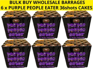 WHOLESALE - FULL CASE OF PURPLE PEOPLE EATER CAKES 36shot 1.3G BARRAGES BULK BUY (6 x £30.00 each including VAT) - IN STORE ONLY
