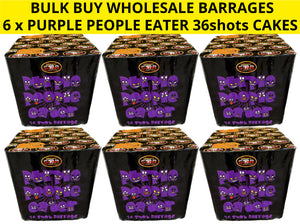 WHOLESALE - FULL CASE OF PURPLE PEOPLE EATER CAKES 36shot 1.3G BARRAGES BULK BUY (6 x £30.00 each including VAT) - IN STORE ONLY