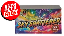 A box of Skyshatterer fireworks with a red 'BUY 1 GET 1 FREE' promotional sticker overlay on the top left, set against a plain white background.