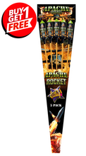 A pack of 5 Rocket Rocket Fireworks in a black plastic cone package with fiery graphics, shown on a white background with a red 'BUY 1 GET 1 FREE' promotional badge in the top left corner.